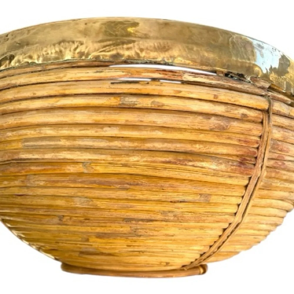 Vintage pencil reed basket with brass trim, handmade, could be polished
